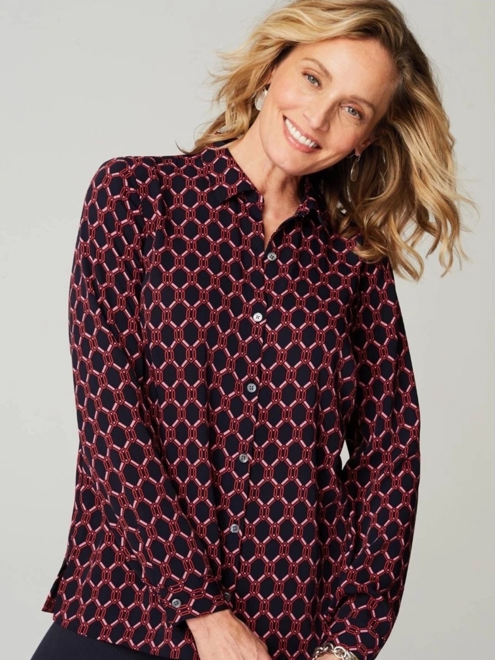 J Jill Wearever Top Womens M Pink Blue A Line Button Up Chain Link Print Career
